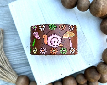 Retro 70s Snail and Mushroom Leather Cuff/Tooled and Stamped Leather/ Leather Jewelry/ Hand Painted Leather Bracelet / Vibrant color