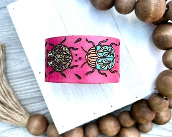 Colorful Beetles Style Leather Cuff/Tooled and Stamped Mystic Jewelry/ Hand Painted Leather Bracelet / paisley / geometric / modern jewelry