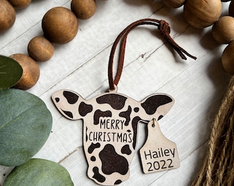 Cow print personalization Ornament/ Leather Ornaments / Farmhouse / Hand painted Leather/ Christmas Ornament / Personalized Ornament