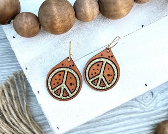 Leather Peace sign glitter Earrings / Hand Painted Leather / Boho Style Jewelry / Trending Leather Jewelry / Leather Goods / Western Wear