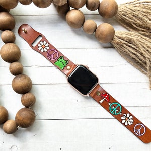 Peace Frog Mushroom Leather watch band/Boho / Cottagecore watch / Leather Band multi/ Tooled and Stamped/ Genuine leather Smart watch band