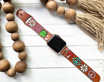 Peace Frog Mushroom Leather watch band/Boho / Cottagecore watch / Leather Band multi/ Tooled and Stamped/ Genuine leather Smart watch band