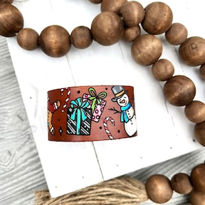 Christmas Theme Leather Bracelet /Tooled and Stamped Leather/ Ugly Christmas Sweater / Hand Painted Leather Bracelet / Winter Jewelry