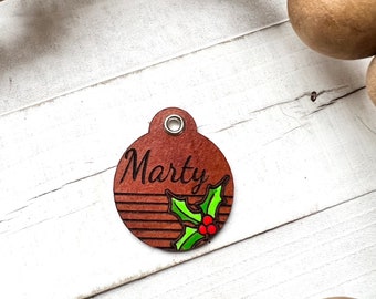 Christmas Leather Dog ID collar tags / Personalized Dog ID / Quiet Dog Tags / Hand painted Leather / Holly Berry