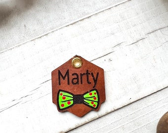 Christmas Bow tie Leather Dog ID collar tags / Personalized Dog ID / Quiet Dog Tags / Hand painted Leather / Christmas tag