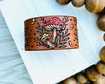 Mushroom Leather Cuff/Tooled and Stamped Leather/ woodland fairy Leather Jewelry/ Hand Painted Leather Bracelet / red cap / mystical