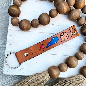 Kentucky themed Leather Key Ring, Tooled and Stamped Leather, Hand Painted Leather, Basketball , Bourbon Key Chain