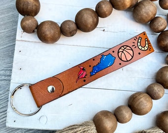 Kentucky themed Leather Key Ring, Tooled and Stamped Leather, Hand Painted Leather, Basketball , Bourbon Key Chain