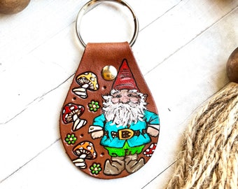 Woodland Gnome and Mushroom Leather Key Fob, Floral Keychain, Tooled and Stamped Leather,  Cute Key Fob, Leather Key Chain, Cottage core