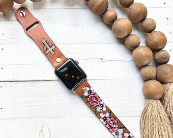 Religious Cross Leather watch band/Boho Floral / Cottagecore/ Leather Band/ Tooled and Stamped/ Genuine leather Smart watch band / Apple