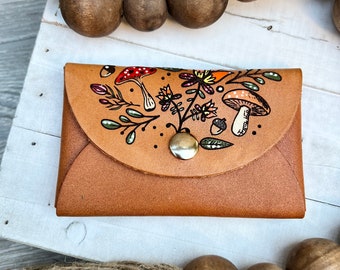 Genuine Leather Mushroom Card Wallet  /Tooled and Stamped Leather/ Women's Minimalist Wallet / Hand Painted Leather