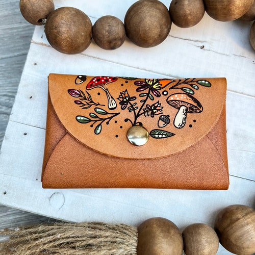 Genuine Leather Mushroom Card Wallet /tooled and Stamped - Etsy