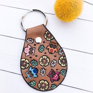 Owl and Flowers Leather Key Ring, Tooled and Stamped Leather, Whimsical Leather, Hand Painted Leather, Customized Key Fob