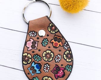 Owl and Flowers Leather Key Ring, Tooled and Stamped Leather, Whimsical Leather, Hand Painted Leather, Customized Key Fob