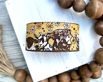 Farm animal Leather Cuff/Tooled and Stamped Leather/ Farm girl/ country girl Leather Jewelry/ Hand Painted Leather Bracelet / highland cow