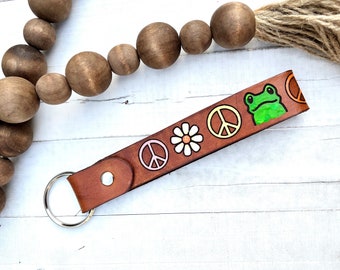 Peace Sign Leather Key Ring, Tooled and Stamped Leather, Hand Painted Leather, Daisy Flower, Frog Leather Key Chain, Camera wrist strap