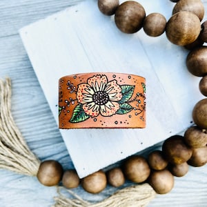 Bohemian Country Flower Leather Bracelet, Tooled and Stamped Leather, Hand Painted Leather, Cute jewelry, Leather Cuff
