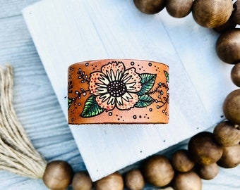 Bohemian Country Flower Leather Bracelet, Tooled and Stamped Leather, Hand Painted Leather, Cute jewelry, Leather Cuff