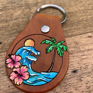 Beach Hawaiian Floral Key Ring, Tooled and Stamped Leather, Hand Painted Leather, Cute Key Fob, Leather Key Chain, Key chain