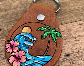 Beach Hawaiian Floral Key Ring, Tooled and Stamped Leather, Hand Painted Leather, Cute Key Fob, Leather Key Chain, Key chain