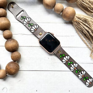 Daisy Leather watch band/Boho / Cottagecore watch / Leather Band / Tooled and Stamped/ Genuine leather Smart watch band/ Apple
