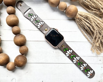 Daisy Leather watch band/Boho / Cottagecore watch / Leather Band / Tooled and Stamped/ Genuine leather Smart watch band/ Apple