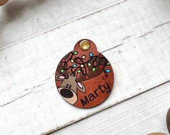 Cute Reindeer Leather Dog ID collar tags / Personalized Dog ID / Quiet Dog Tags / Hand painted Leather / Christmas tag