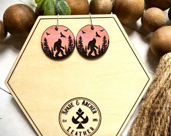 Bigfoot Sasquatch Earrings / Day or Night Scene Painted Leather / Boho Style Jewelry / Trending Leather Jewelry / Leather Good Fall Jewelry