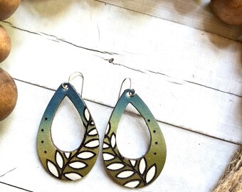 Multi color leaf Leather Earrings / Hand Painted Leather / Boho Style Jewelry / Trending Leather Jewelry / Leather Goods