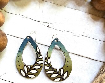 Multi color leaf Leather Earrings / Hand Painted Leather / Boho Style Jewelry / Trending Leather Jewelry / Leather Goods