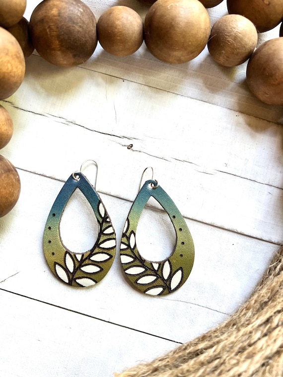 Multi Color Leaf Leather Earrings Hand Painted Leather Boho