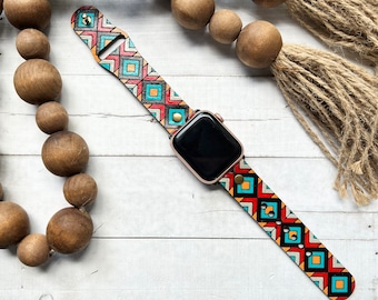 Aztec Bohemian Leather Smart watch band/Boho / Barn Quilt watch / Watch Band / Tooled and Stamped/ Apple Galaxy compatible