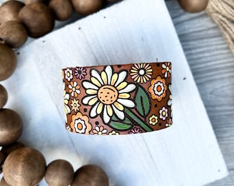 Mod 70's Flower Leather Bracelet / Tooled and Stamped Leather, Hand Painted/ Vibrant flower jewelry