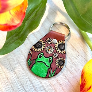 Frog and Sunflowers Key Ring, Tooled and Stamped Leather, Hand Painted Leather, Cute Key Fob, Leather Key Chain, Key chain