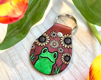 Frog and Sunflowers Key Ring, Tooled and Stamped Leather, Hand Painted Leather, Cute Key Fob, Leather Key Chain, Key chain