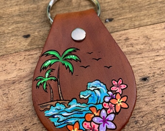 Beach and Palm Tree Floral Key Ring, Tooled and Stamped Leather, Hand Painted Leather, Cute Key Fob, Leather Key Chain, Key chain