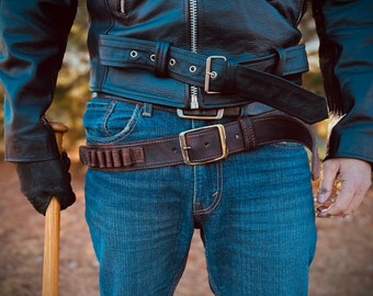 The Walking Dead, Negan, Cartridge Belt, Vintage-Looking Leather Belt, 100% Genuine Leather Belt