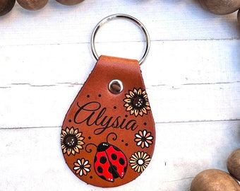 Ladybug and Sunflowers Key Ring, Tooled and Stamped Leather, Hand Painted Leather, Cute Key Fob, Leather Key Chain, Personalized Key chain