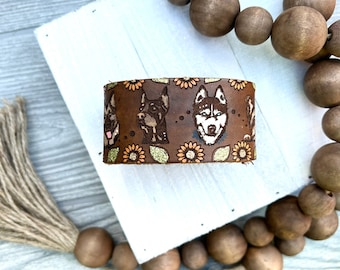 Dog Breed Leather Cuff/Tooled and Stamped Leather/ Pet lover’s Jewelry/ Hand Painted Leather Bracelet/ Doberman/Yorkie/Husky/German Shepherd