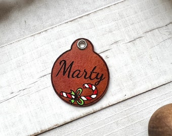 Candy Cane Leather Dog ID collar tags / Personalized Dog ID / Quiet Dog Tags / Hand painted Leather / Christmas tag