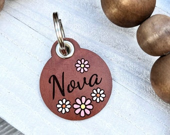 Leather Dog ID collar tags / Personalized Dog ID / Quiet Dog Tags / Hand painted Leather / Nova Style Flower Tag / Daisy Flowers