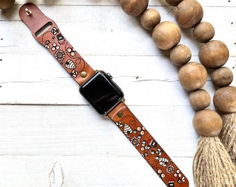 Bumblebee Leather watch band/Boho / Cottagecore watch / Leather Band multi/ Tooled and Stamped/ Genuine leather Smart watch band / Apple