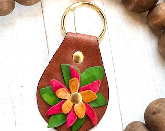 Leather Keychain Raised Flower and Sunflowers,  Dimensional Cute Keychain, Tooled and Stamped Leather, Leather Key Chain, Key chain, Boho