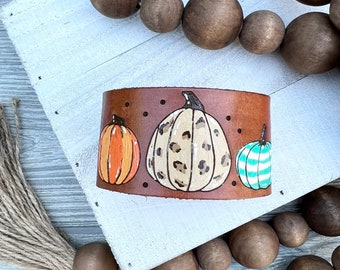 Fall pumpkin leather Bracelet , Tooled and Stamped Leather, Hand Painted Leather, Leopard print, polka dots