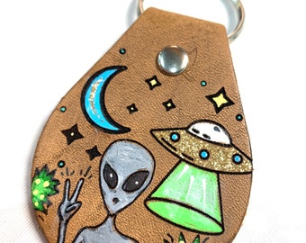 Alien UFO Leather Key Ring, Tooled and Stamped Leather, Hand Painted Leather, Cute Key Fob, Leather Key Chain, Key chain, Peace sign