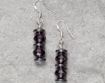 Hematite and Purple Glass Beaded Drop Earrings (003)