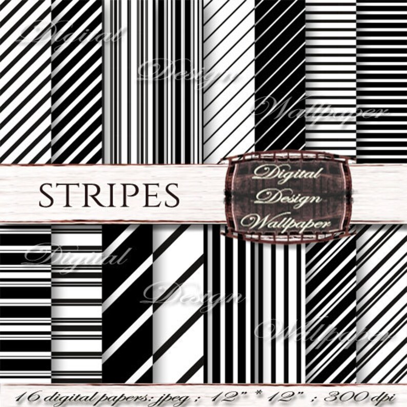 Stripe Digital Paper Pack ,Digital Paper Black and White,Black and White Stripes Digital Paper,Scrapbook Paper,Stripe,Instant Download, image 1