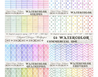 Rainbow digital paper,Watercolor Digital Paper,Watercolor Stripes,Watercolor Quatrefoil,Watercolor Polka dots,Watercolor Chevron,Watercolour