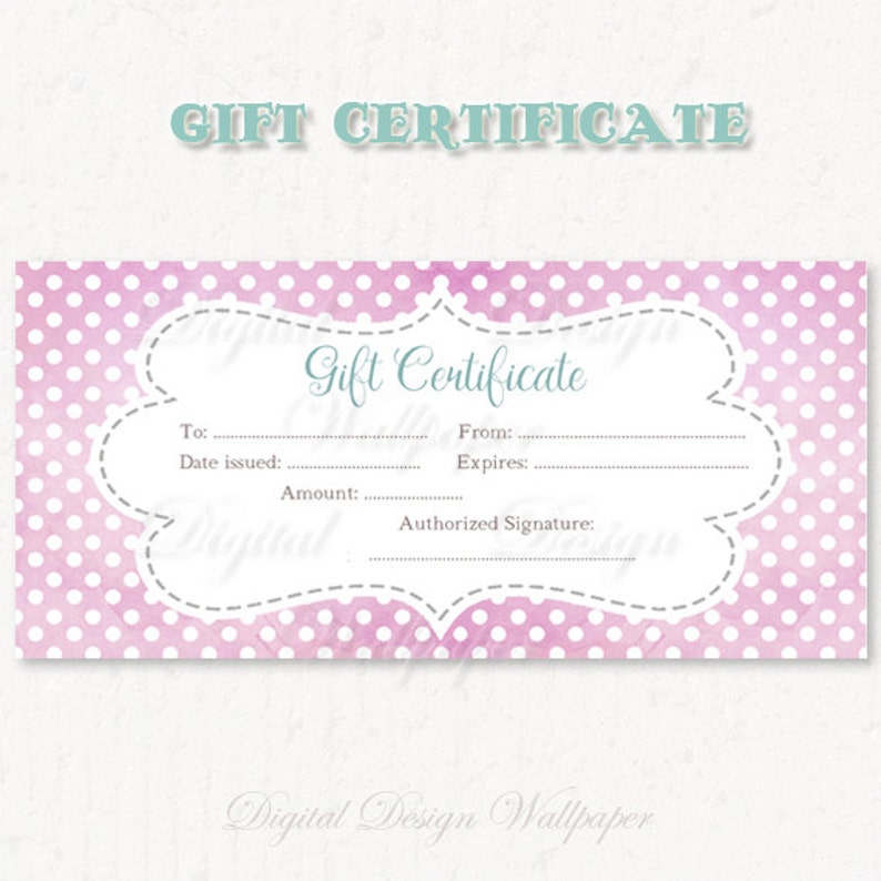 Printable Gift Certificate,Watercolor Gift Certificate, Gift Certificate Download,Watercolor Polka Dot Gift Card, Watercolor Gift Card image 1