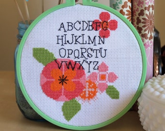 Digital Modern Counted Cross Stitch - Modern Flower Alphabet Sampler - Instant Download PDF Pattern